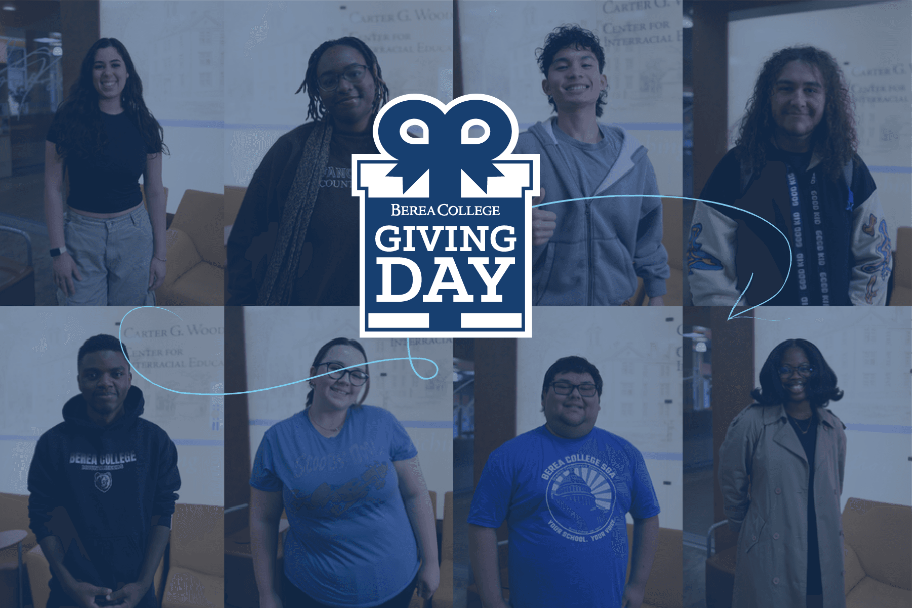 An image featuring a photo grid of several students from the Giving Day video. Giving Day Logo.